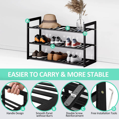 3 Tier Bamboo Shoe Rack Organizer 32.5 Inch Long Holds 9-15 Pairs Stackable Foldable Black with various shoes and hats