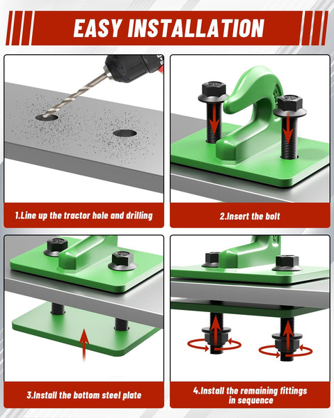 Installation steps for Three Eighths Inch Tractor Bucket Grab Hook Set with Backer Plate in green, Grade 70 forged steel.
