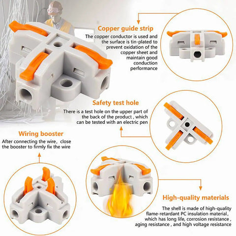 Fourteen Piece T Tap Lever Wire Connector Kit Three Way Electrical Wire Splitter Push In Quick Splitters With Three Quarter Port Terminals For Twenty Four To Twelve AWG Wiring features copper guide strip and safety test hole