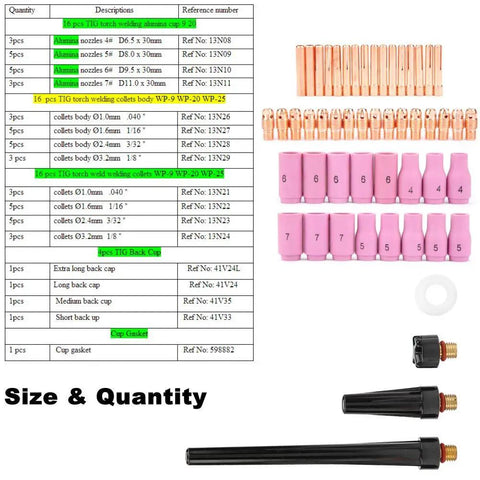Tig Welding Consumables Kit With Gas Lens Cups Collets And Bodies For WP 9 20 25 Torches 53 Pcs Assorted Nozzles displayed