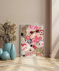5D Diamond Art Kit For Adults Newbies With Tools Diamond Painting Set Girly Pink Bow And Cheetah Pattern Full Round Drill DIY Wall Decor Gift 12 By 16 Inch framed on a floor next to decorative vases.