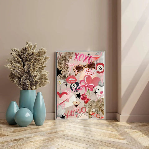 5D Diamond Art Kit For Adults Newbies With Tools Diamond Painting Set Girly Pink Bow And Cheetah Pattern Full Round Drill DIY Wall Decor Gift 12 By 16 Inch framed on a floor next to decorative vases.