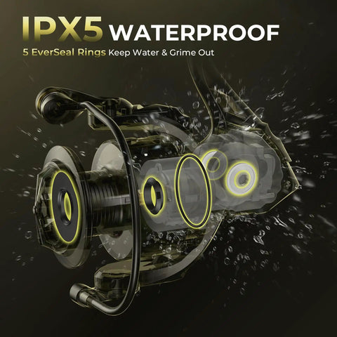 Spartacus Defender Twin Tip Fishing Rod And Reel Combo 7 Foot Medium Heavy With 3000 Reel showing IPX5 waterproof rings.