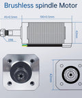 Diagram of 24V DC brushless spindle motor with 10800 RPM and 104W output, featuring ER8 collet, dimensions, and specifications.