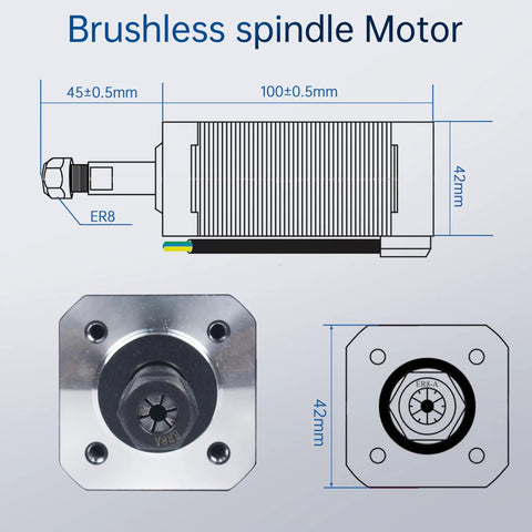 Diagram of 24V DC brushless spindle motor with 10800 RPM and 104W output, featuring ER8 collet, dimensions, and specifications.