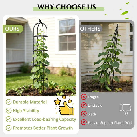 Garden Trellis Obelisk For Climbing Plants Outdoor 6.2 Ft Plant Support No Fuss Setup For Tomato Roses Cucumbers Grapes Peas And Flowers Rustproof Plastic Coated Metal Plant Tower For Potted Garden comparison image with features like durability and stability.
