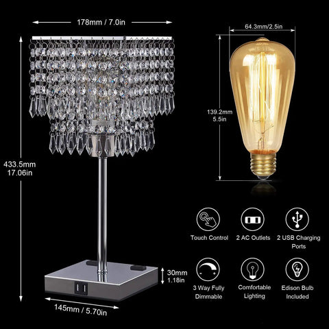 Dope Crystal Bedside Lamp With Dimmable Square Touch Control USB Ports And Dual Outlets, dimensions and bulb shown