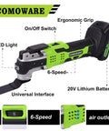 Cordless Oscillating Tool Kit With 20V Battery, Blazing 20,000 OPM, Aggressive 4.2 Degree Oscillation, 6 Speed Settings Visible
