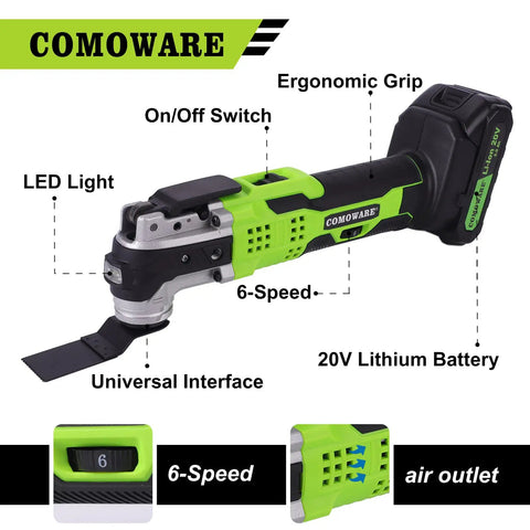 Cordless Oscillating Tool Kit With 20V Battery, Blazing 20,000 OPM, Aggressive 4.2 Degree Oscillation, 6 Speed Settings Visible