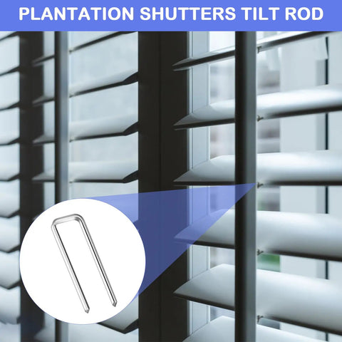 Close-up of plantation shutters tilt rod, showcasing galvanized steel material for 80 Piece Plantation Shutter Repair Kit With Solid Fasteners Sweet Louver Hardware No Sweat Window Blind Tilt Rod Staples Easy Peasy Home Fix Hella Durable For Smooth Operation Quick Setup Guaranteed Satisfaction.