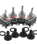 Four Pack Toggle Rocker Switches With Pin Position For Electrical Control Buttons, Heavy Duty Switches For Industrial Equipment, Circuit Assembly And Home Power Switching, Easy Wiring, Durable And Reliable Performance. Four chrome toggle switches with black boots