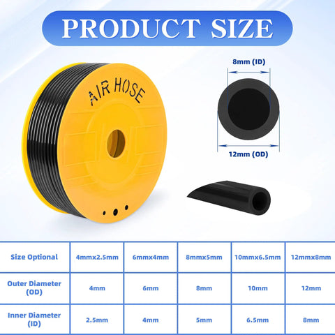 PU Air Hose 12mm OD X 8mm ID Black Flexible Pneumatic Tubing displayed with sizing details and measurements.