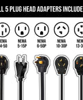 Tesla Portable Mobile Charger 32A Adjustable Amperage With Nacs J1772 Adapter Scheduled Smart Plug Touchscreen Display showing 5 plug head adapters.