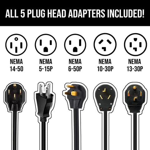 Tesla Portable Mobile Charger 32A Adjustable Amperage With Nacs J1772 Adapter Scheduled Smart Plug Touchscreen Display showing 5 plug head adapters.