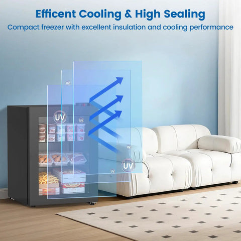 2.3 Cu Ft Upright Mini Freezer With Tempered Glass Door showing efficient cooling features in a living space.