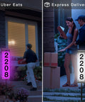 Dual-view of Solar Address Sign With Remote Control LED House Numbers in yard, showing multicolor illumination at night, waterproof plaque.