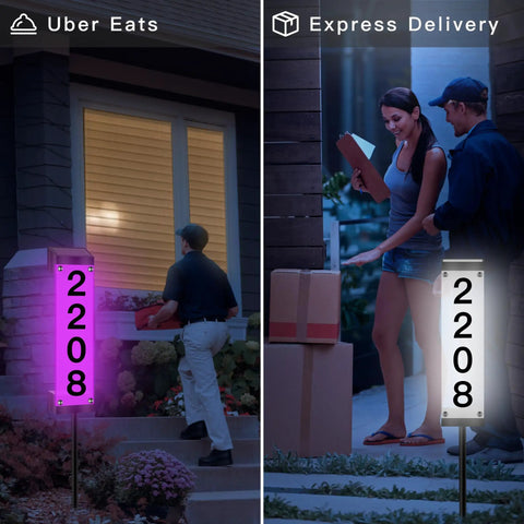 Dual-view of Solar Address Sign With Remote Control LED House Numbers in yard, showing multicolor illumination at night, waterproof plaque.