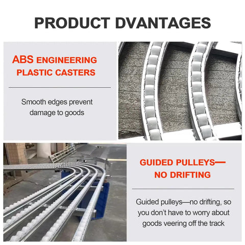 Lightweight Gravity Roller Conveyor Modular Cargo Slide Track showing ABS engineering plastic casters for smooth goods transport.
