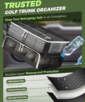 Durable Golf Trunk Organizer For Cars showcasing water-repellent and stain-proof liner with double-layer waterproof protection.