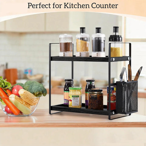 Coffee Station Organizer For Counter With Two Tier Wood Shelves And Three Compartment Pod Storage For Coffee Pods Sugar Tea Bags And Instant Coffee Sleek Black Kitchen Counter Rack For Your Go To Coffee Bar Setup with condiments and cutlery basket