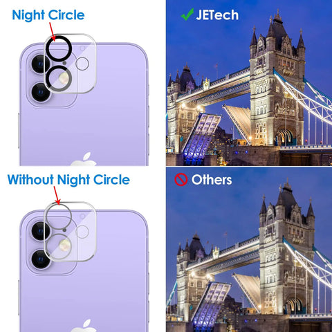 Comparison of iPhone camera lens with Night Circle effect using Camera Lens Protector For iPhone 11 6.1 Inch And iPhone 12 Mini 5.4 Inch, 9H Tempered Glass, HD Clear Lens Shield, Anti Scratch, Case Friendly, Night Shot Safe, Full Coverage Protection, Crystal Clear, 3 Pack