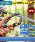 Person demonstrating Heavy Duty Three Sixteenth Inch Galvanized Steel Wire Rope Kit, 150 Feet, 7x7 Construction in use with a carabiner clip.