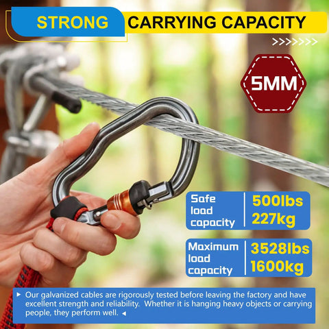 Person demonstrating Heavy Duty Three Sixteenth Inch Galvanized Steel Wire Rope Kit, 150 Feet, 7x7 Construction in use with a carabiner clip.