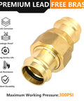 No Sweat Copper Press Union Coupling Heavy Duty Lead Free Brass Plumbing Fitting, 1-1/4 inch, 300 PSI, leak-proof design.