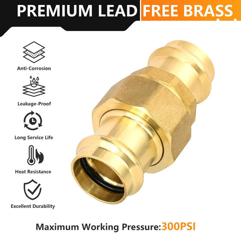 No Sweat Copper Press Union Coupling Heavy Duty Lead Free Brass Plumbing Fitting, 1-1/4 inch, 300 PSI, leak-proof design.