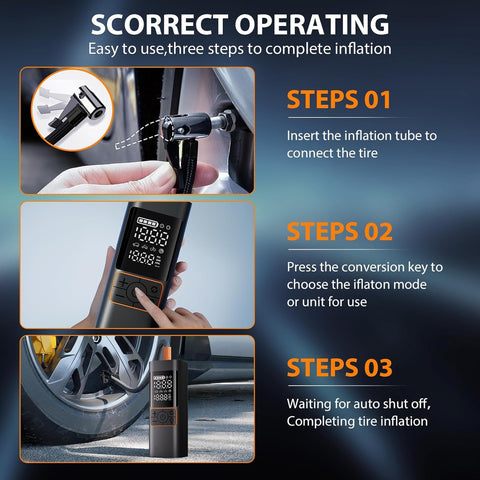 Steps to use Portable Cordless Tire Inflator With 6000mAh Battery And Digital Pressure Gauge Up To 180 PSI Fast 4x Inflation