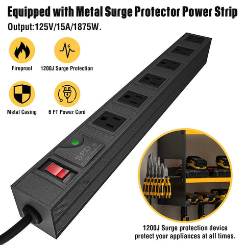 Pro Grade Power Tool Organizer With Charging Station Wall Mount And Surge Protected Power Strip for garage organization