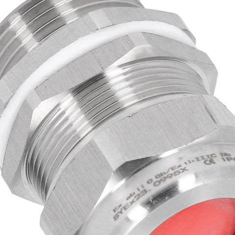 Stainless steel cable gland connector with gasket, IP66-rated for electrical junction boxes.