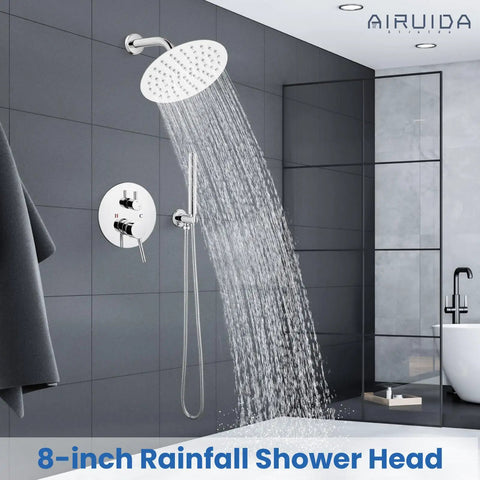 2 Function Wall Mounted Shower Faucet Set With High Pressure 8 Inch Round Rain Shower Head Brass Handheld Spray Rough In Valve Chrome Finish Easy Retrofit For Bathroom Upgrade