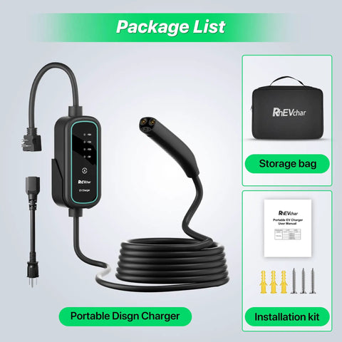 Badass Plug And Play Tesla EV Charger With Nacs Connector For Model 3 Y S X Cybertruck showing portable design with installation kit and storage bag.