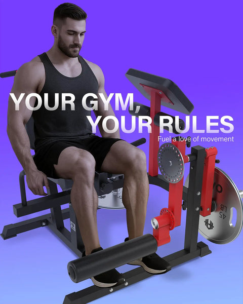 Man using Six In One Leg Extension And Curl Machine For Home Gym Target Quads Hamstrings Glutes With Seated Leg Curl Lying Leg Curl