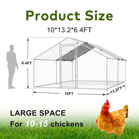 Dimensions of Sturdy Metal Chicken Coop With Waterproof UV Cover And Walk In Run Spire Roof Outdoor Cage, 10x13.2x6.4 ft