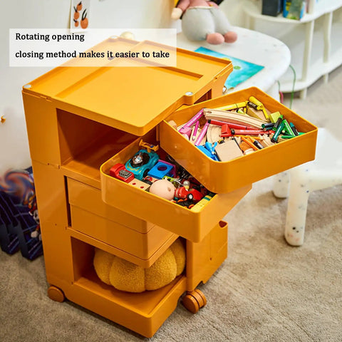 Make Your Space Pop With This Hella Sturdy Multipurpose Utility Storage Cart Featuring Smooth 360 Rotating Abs Plastic Wheels For Bedroom And Living Room Flex, showcasing an orange plastic cart with open drawers.