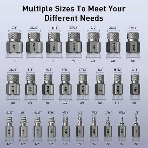 Display of a 25 Piece Screw Extractor Set With Multispline And Hex Head For Removing Broken Studs Bolts And Screws, showing size increments.
