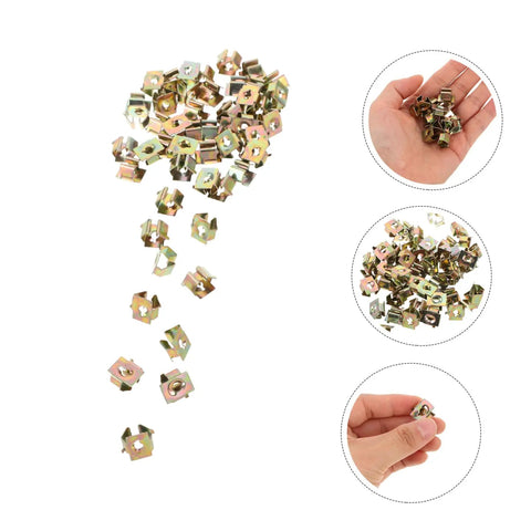 50 Piece Top Shelf Heavy Duty U Nut Fasteners Golden Captive Clips For Car Bumper And Grille Mounting scattered on white background.
