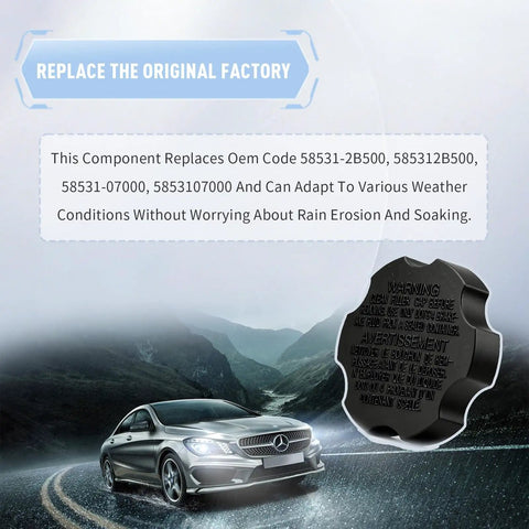 Brake Fluid Reservoir Cap Replacement 58531-07000 58531-2B500 overlay with car and text about durability against weather conditions