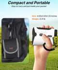 Golf Rangefinder With Slope 1200 Yard Distance, hand-held, next to a carrying case for easy portability and use on the go.