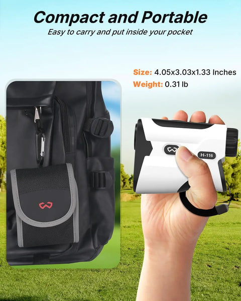 Golf Rangefinder With Slope 1200 Yard Distance, hand-held, next to a carrying case for easy portability and use on the go.