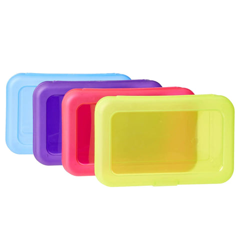 Four Pack Large Pencil Cases Set For School, Office, And College Durable Plastic Storage Organizer Boxes In Bright Pink, Yellow, Blue, And Purple
