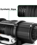 Close-up of Heavy Duty 5500 Lb Electric Winch For Atv Utv showing synthetic rope and motor detail.