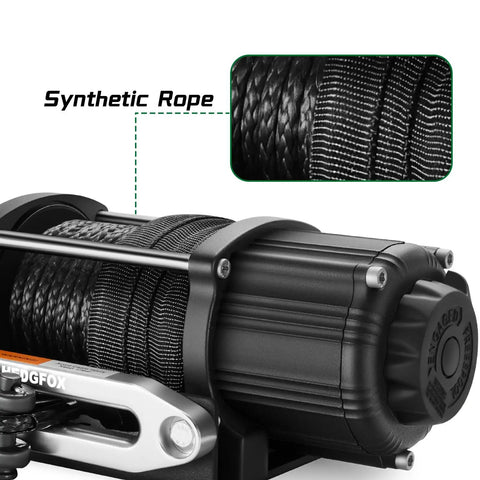 Close-up of Heavy Duty 5500 Lb Electric Winch For Atv Utv showing synthetic rope and motor detail.