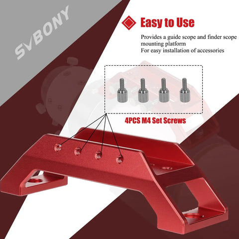 135mm Handle Bar Dovetail Base for Telescope Finderscope shown with 4pcs M4 set screws, red anodized aluminum