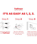 Three-step guide for Drywall Picture Frame Hanging Kit With 80 TapTacks For Quick Tool Free Mounting Of Wooden Frames And Canvases Hang 40 Pictures In Minutes Without Nails Wires Or Wall Damage Up To 20 Pounds.