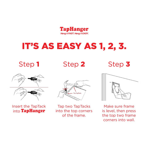 Three-step guide for Drywall Picture Frame Hanging Kit With 80 TapTacks For Quick Tool Free Mounting Of Wooden Frames And Canvases Hang 40 Pictures In Minutes Without Nails Wires Or Wall Damage Up To 20 Pounds.