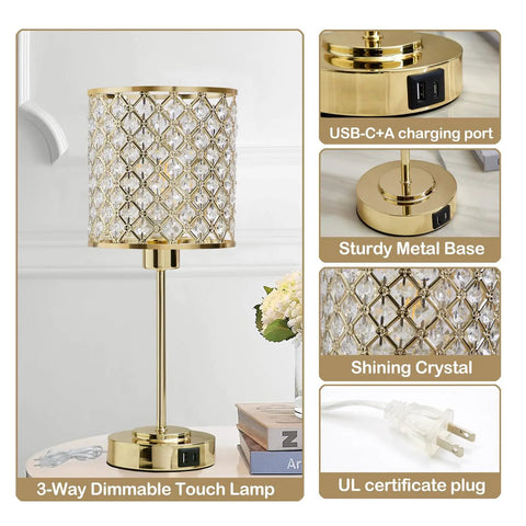 Crystal Touch Control Table Lamp with USB-C and USB-A charging ports, dimmable nightstand light in gold with elegant shade.