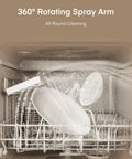 360° rotating spray arm in sleek countertop dishwasher for all-round cleaning. Sneak peek of effective wash cycle.